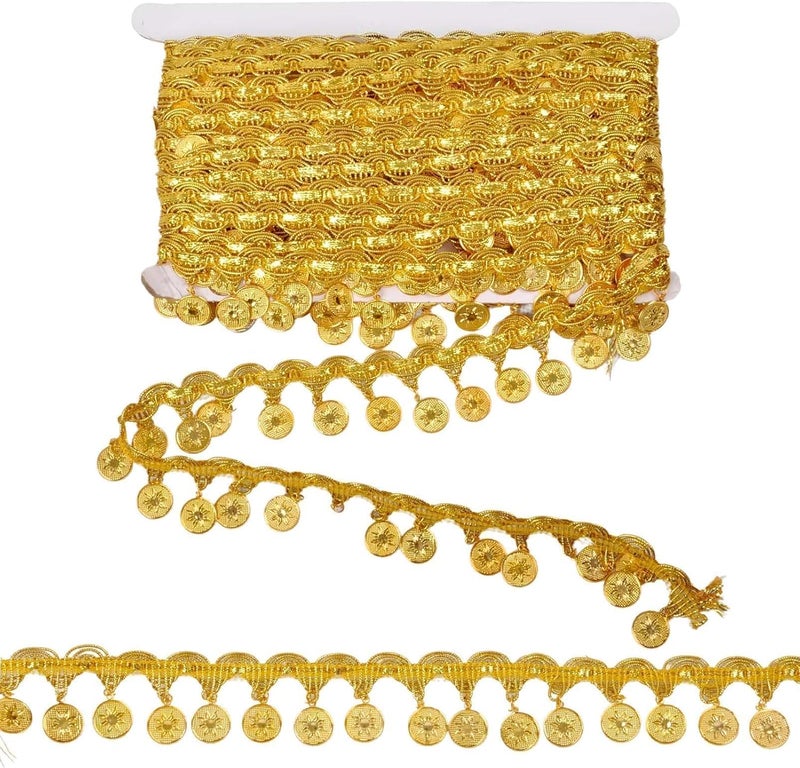 Beufee 10 Yards Gold Coin Shape Sequin Tassel Trim, Sequins Tassel Fringe Trim Women's Sequin Tassel Belly Trim National Dance Accessory Coins Belly Dance Hip Scarf Belt Trim Dance Tassel (Flower) - Image 1
